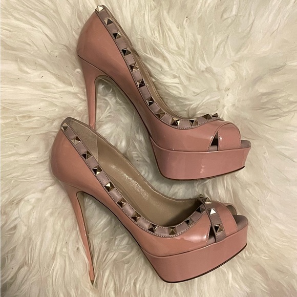 Valentino pink/beige Patent Leather Rockstud Peep Toe Platform Pumps Size 37 - Picture 3 of 4